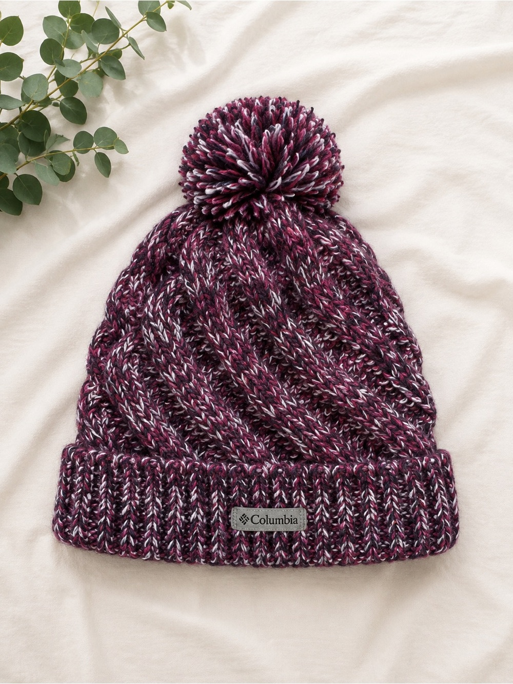 Columbia Marled Knit Pom Beanie in Berry, Gray, and Cream